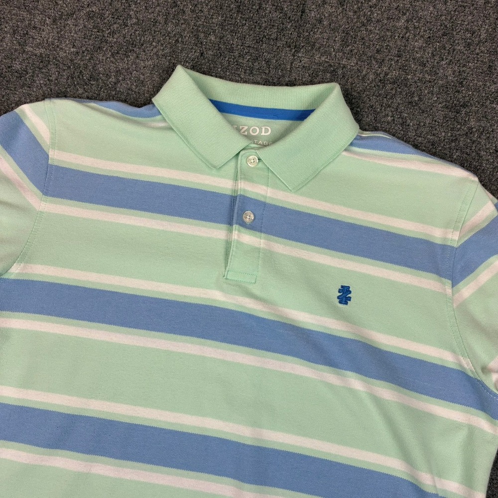 IZOD Advantage Performance Mens Size Medium Polo Shirt Mint Green Blue Striped